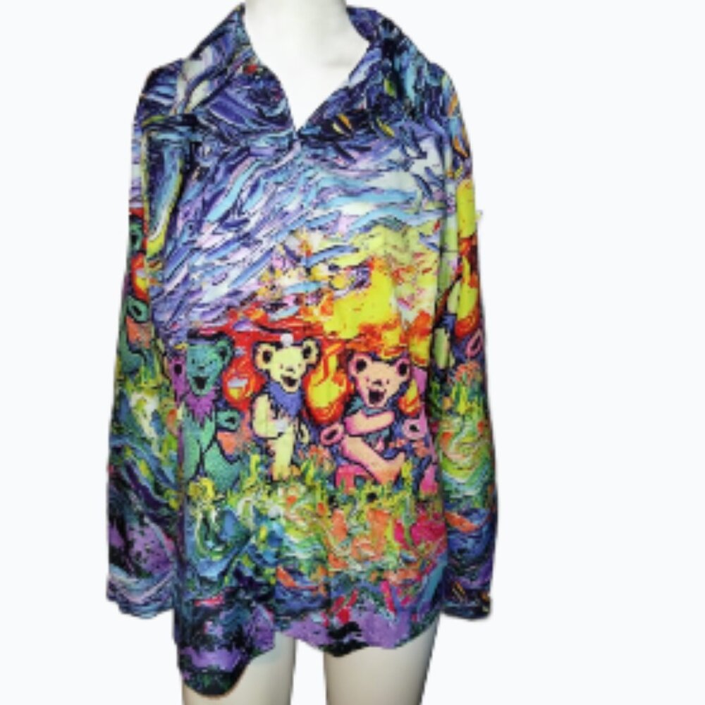 Grateful Dead Dancing Van Gogh Bears AOP Button Up Cozy Shirt Size M FITS L